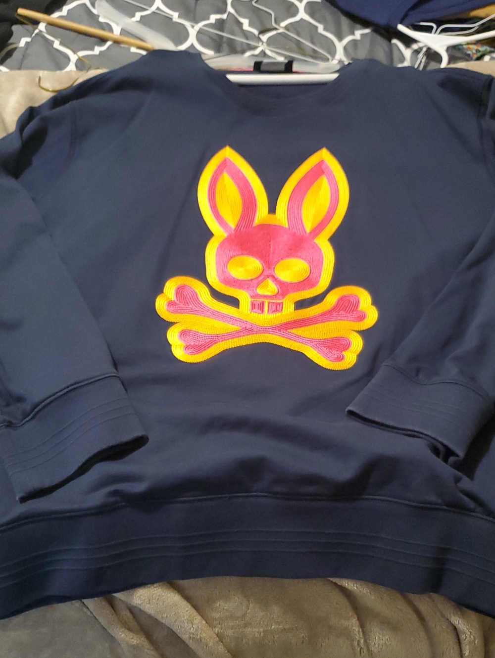 Psycho Bunny Navy Sweatshirt with Pink & Yellow Bunny Skull Graphic